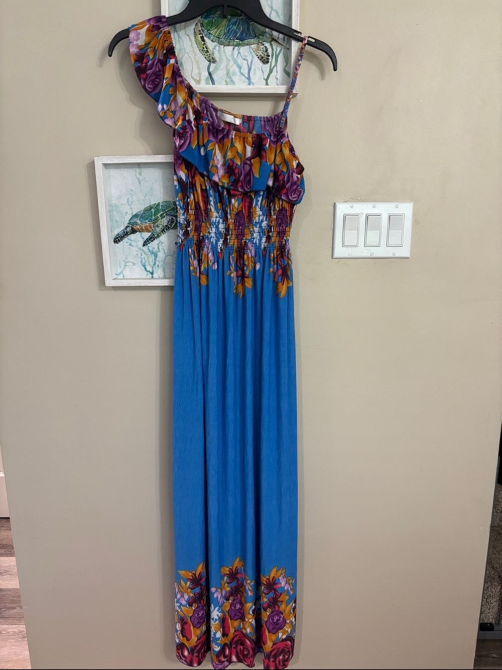 Bright Blue One-Shoulder Floral Maxi Dress